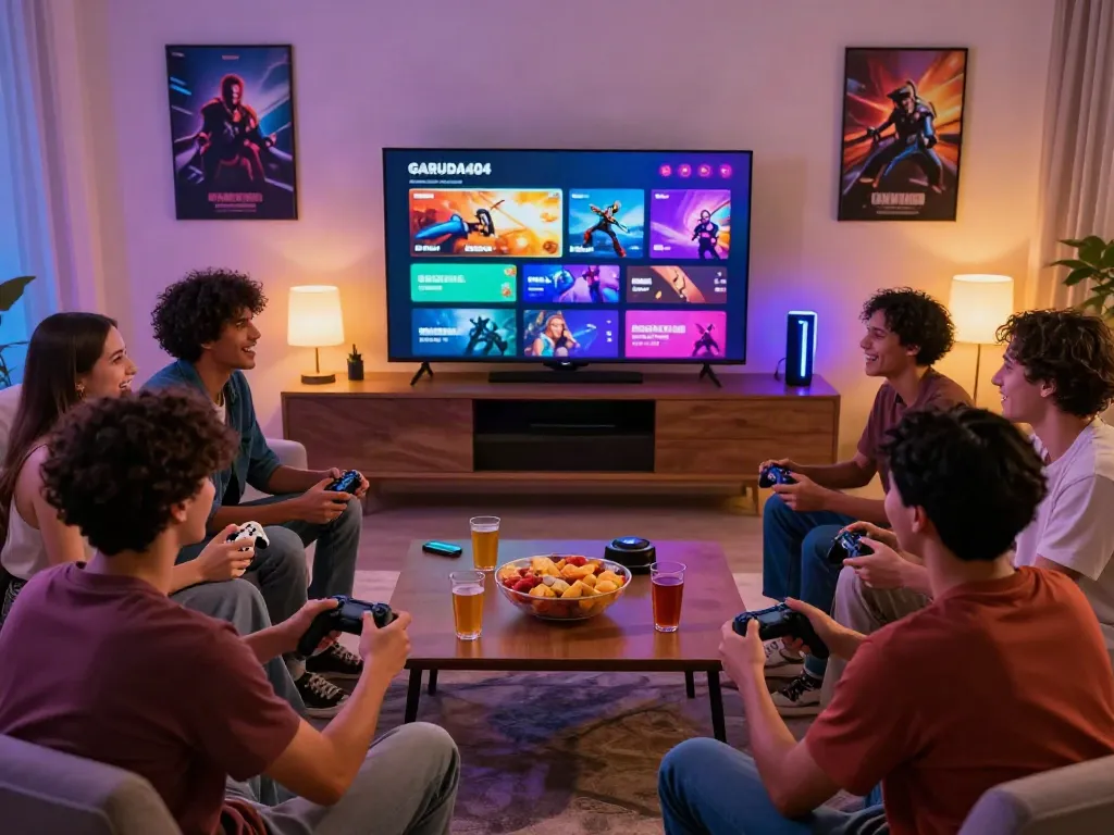 Friends enjoying gaming night on GARUDA404 platform in a cozy living room.
