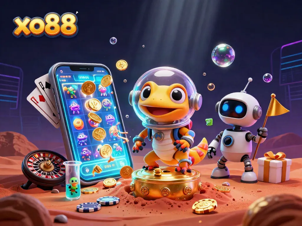 Engage in exciting gameplay at xo88 with vibrant slot games and characters in a colorful casino scene.