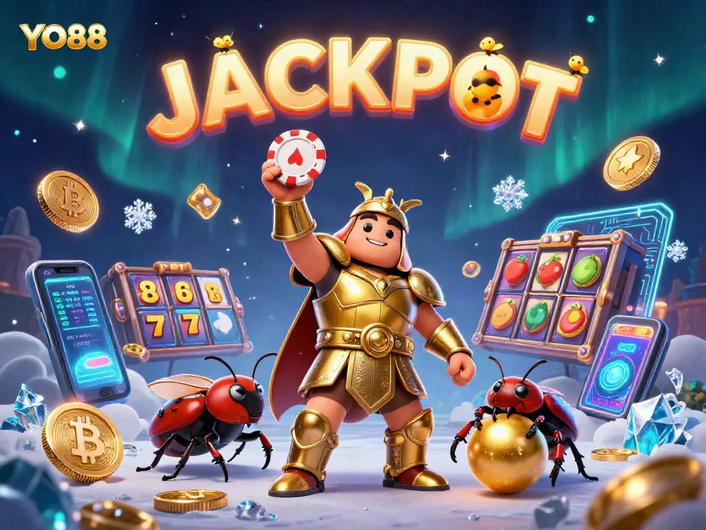Engage with YO88's dynamic slot gaming scene, featuring a victorious beetle, jackpot sparks, and rich casino elements.