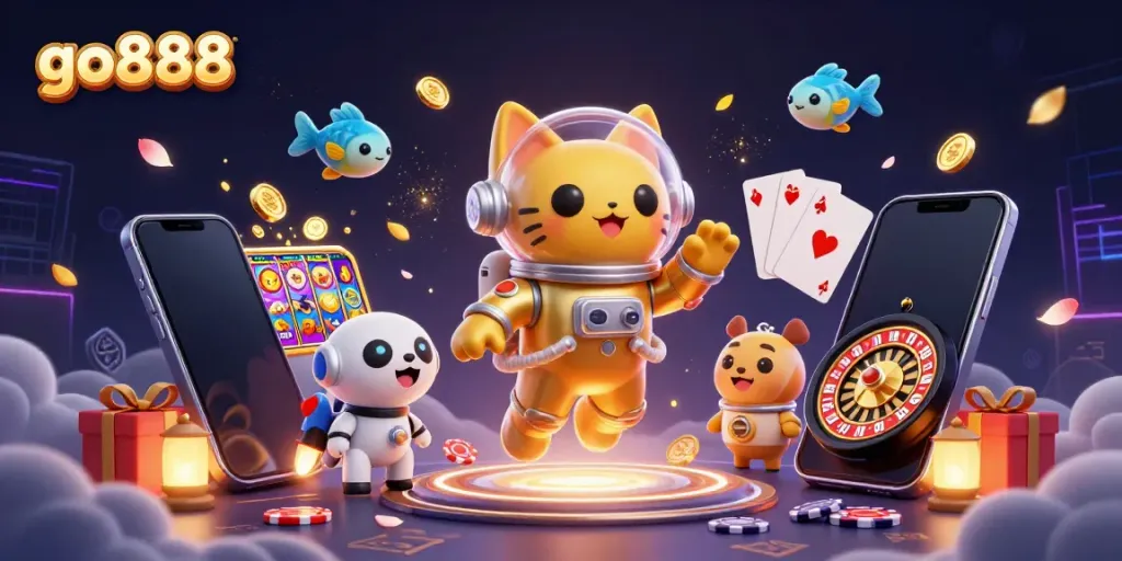 Experience the thrill with go888 as a golden space cat navigates a universe of casino magic and games.