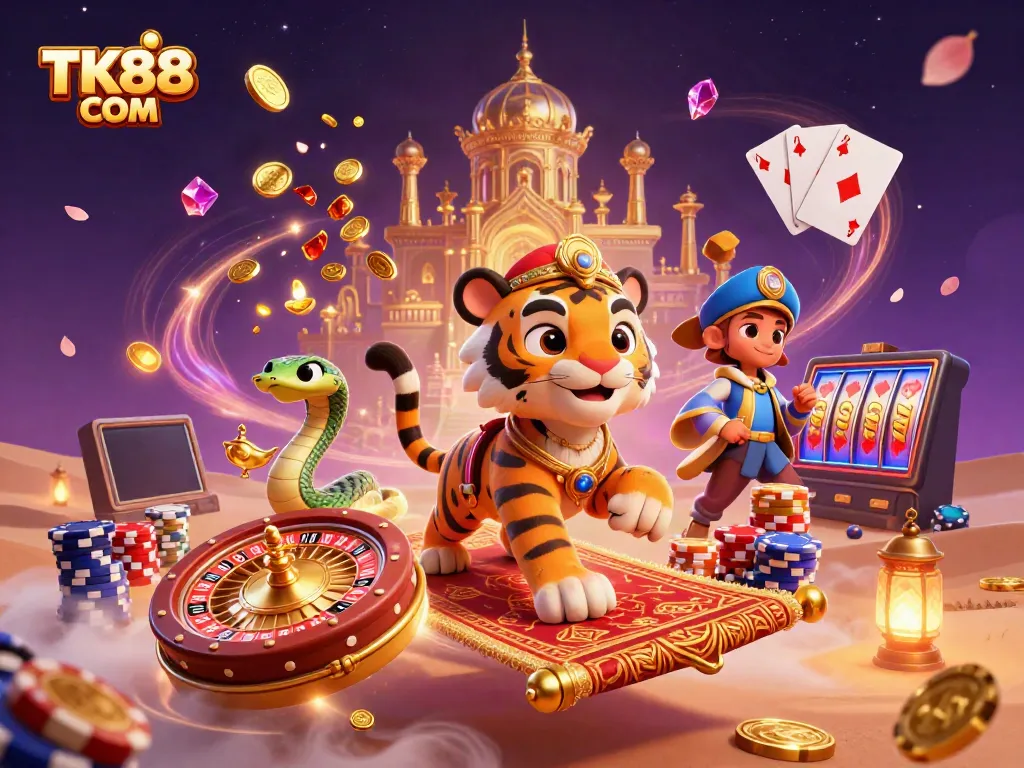 Experience the magic of gaming at TK88 COM with a lively casino-themed scene featuring a sultan, a serpent genie, and vibrant game elements.