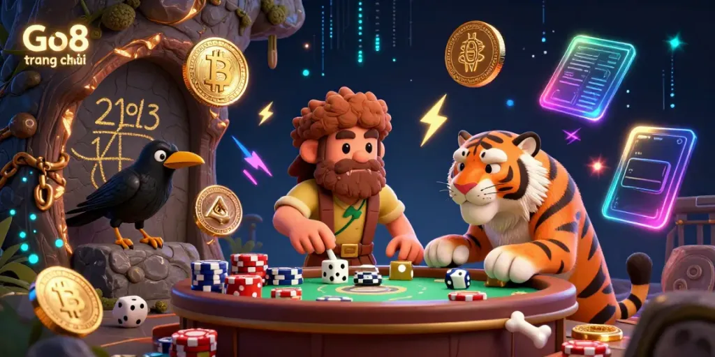 Experience the vibrant essence of Go8 trang chủ with a prehistoric casino scene showcasing energetic gaming elements and crypto coins.