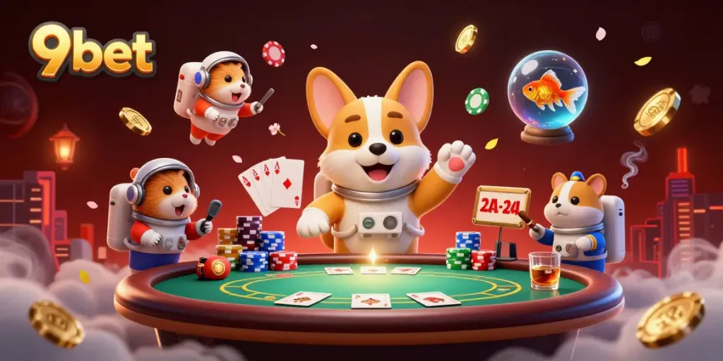 Experience thrilling gameplay at 9bet with immersive floating casino adventure illustration.