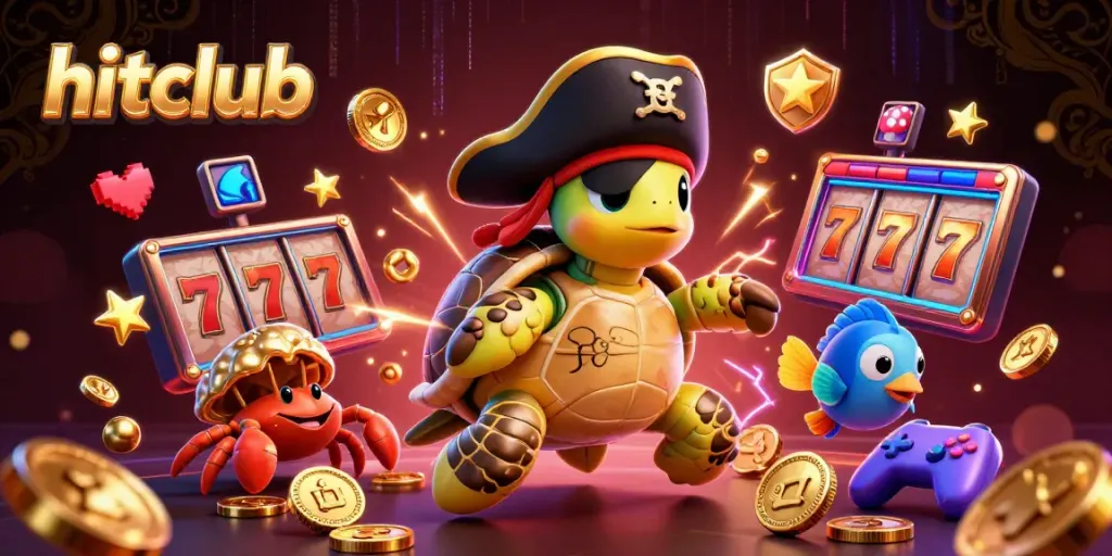 Join the hitclub adventure with pirate turtle and friends amidst vibrant slot reels and treasure!