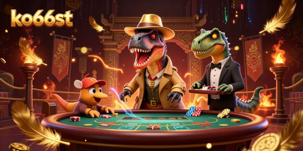 Experience the thrilling world of ko66st with playful dinosaur characters at a blackjack table.