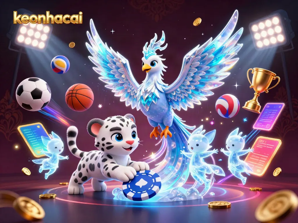 Place bets on keonhacai with unique visuals of a 3D ice phoenix, sports balls, and glowing elements.