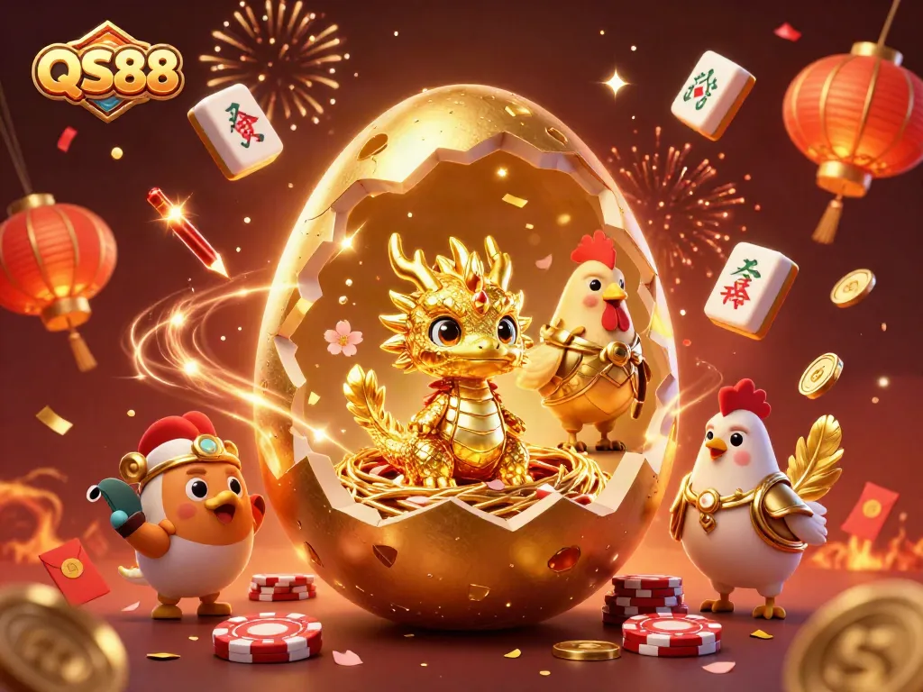 Experience thrilling gaming action with QS88's vibrant 3D illustration of a golden dragon in a casino setting.