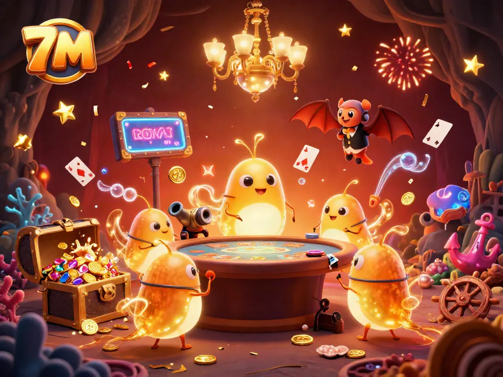 Experience 7M's thrilling casino action with glowworms lighting up a vibrant cave casino scene.