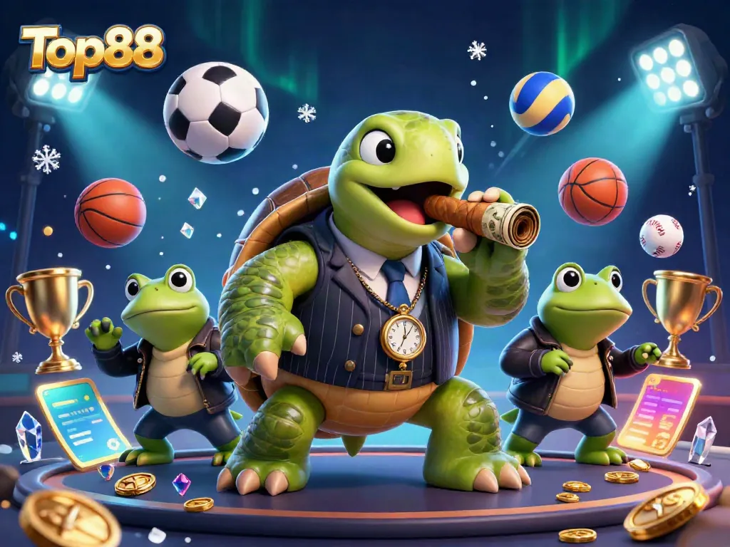 Experience the thrill of Top88 with a lively 3D casino scene featuring a snapping turtle in mobster attire.