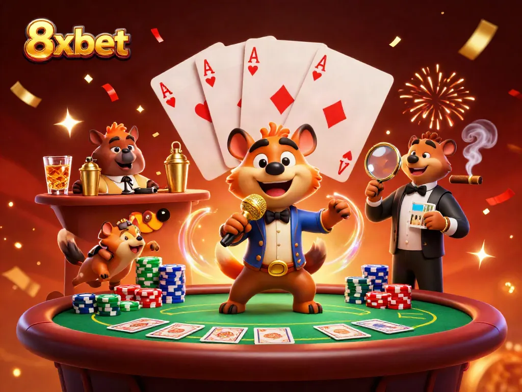 Hyenas entertaining in a vibrant casino scene showcasing 8xbet's energetic atmosphere with poker elements