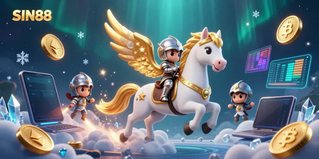 Experience thrilling gameplay with SIN88 as our armored knight rides a celestial horse through a vibrant realm of crypto coins and casino elements.