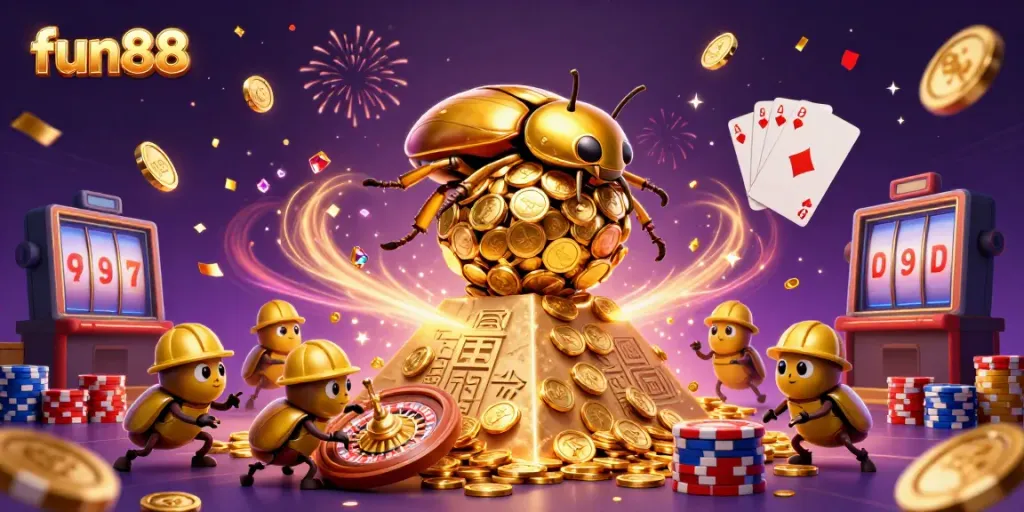 Experience fun88 with vibrant casino elements and dynamic 3D characters in a rich gaming atmosphere.