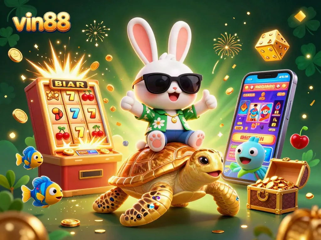 Engage with vin88: A vibrant 3D scene with a lucky rabbit and golden turtle amid casino elements.