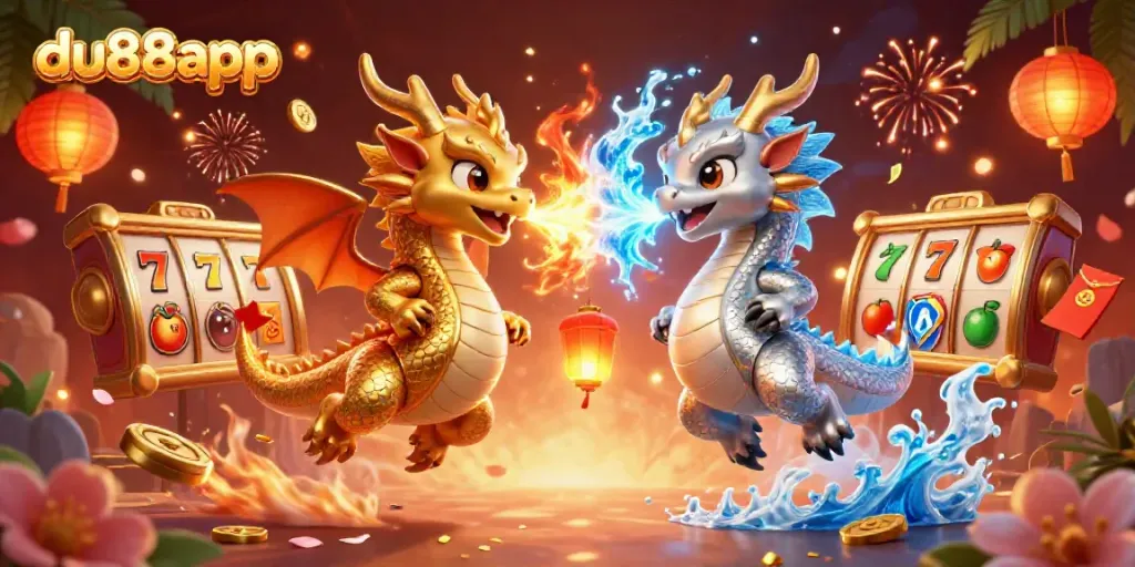 Experience excitement with du88app as golden and silver dragons symbolize luck in a dynamic gaming scene.