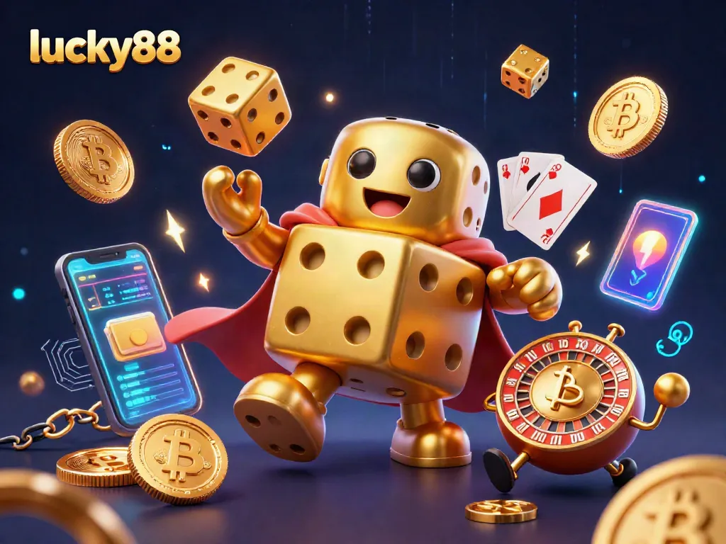 Experience thrilling gameplay at lucky88 with a vibrant scene of playful casino characters and crypto elements.