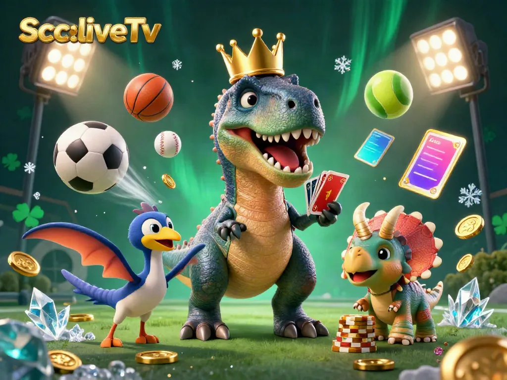 Engage with SocoliveTv features through a vibrant scene with a T-Rex playing cards and a baby triceratops stacking chips.