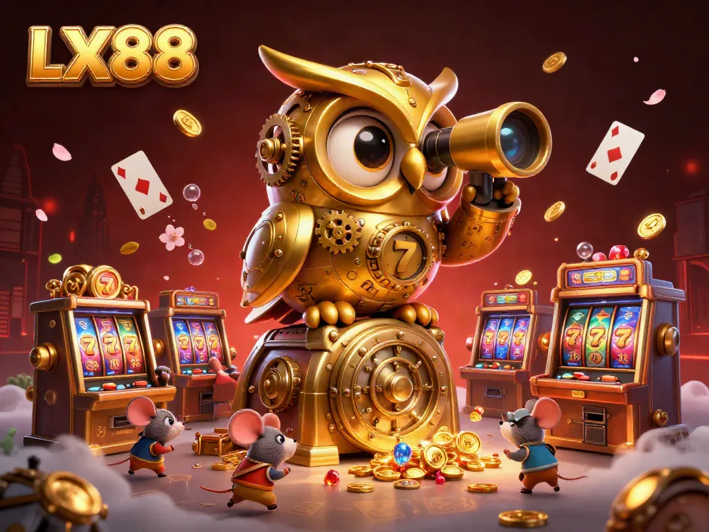 Experience LX88 with a colorful casino scene featuring a golden owl, vibrant slot machines, and lively elements.