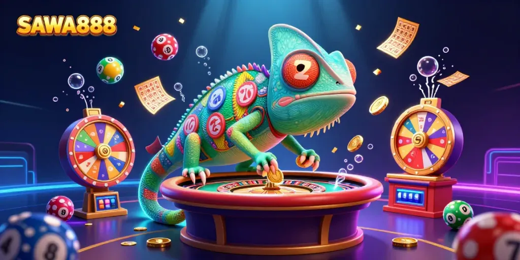 Engage with SAWA888 as the vibrant chameleon casino owner amidst dynamic casino elements.