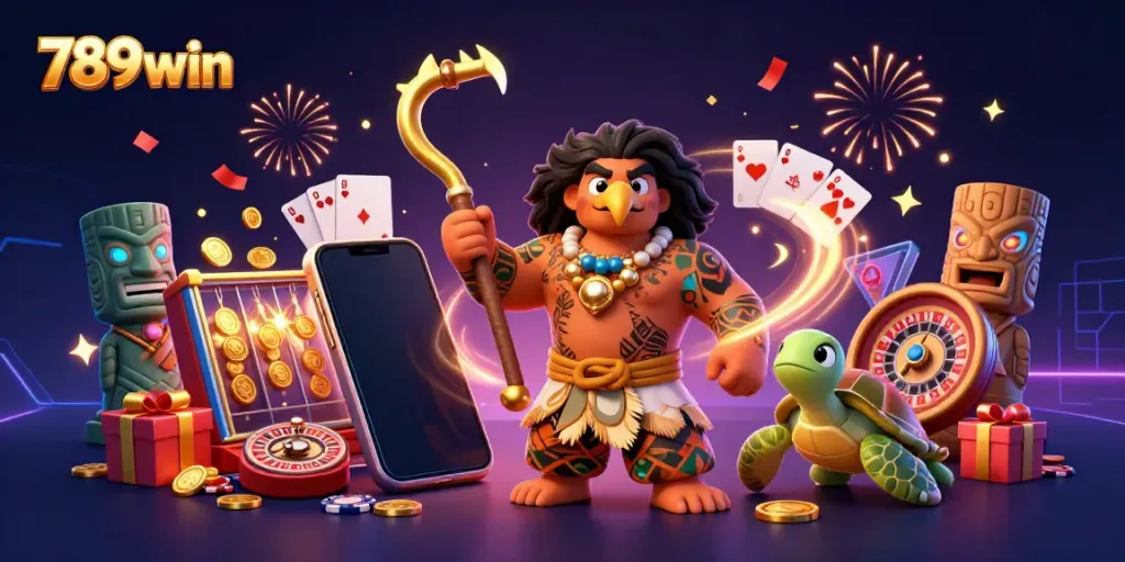 Experience thrilling gameplay at 789win with vibrant slot games and engaging characters in a dynamic scene.