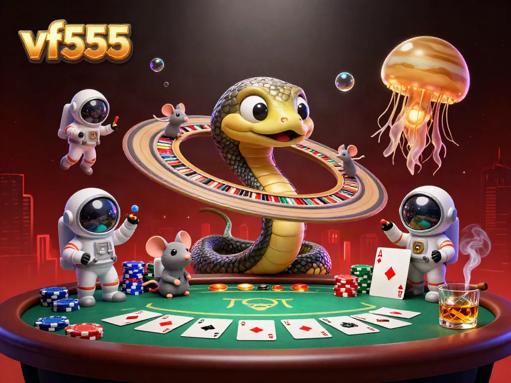Experience vf555's thrilling gaming atmosphere with astronauts placing bets in a cosmic casino environment.