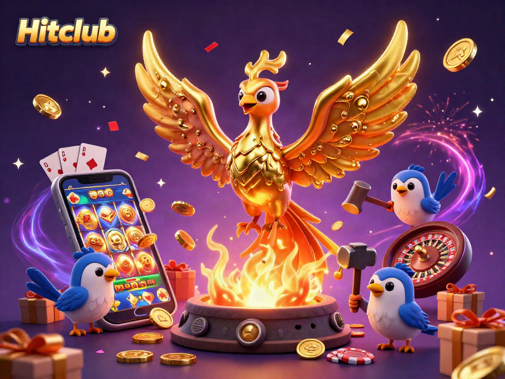 Hitclub showcases a golden phoenix and lively casino elements bursting with excitement.