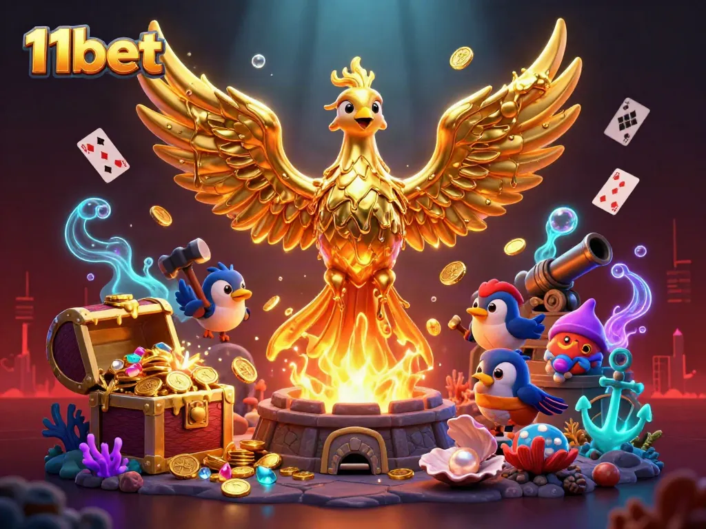 Engage with 11bet's thrilling gaming experience through vibrant casino-themed 3D illustration.