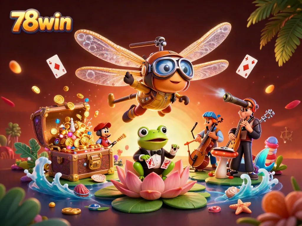 Experience excitement with 78win as a dragonfly pilot hovers over a lily pad casino.