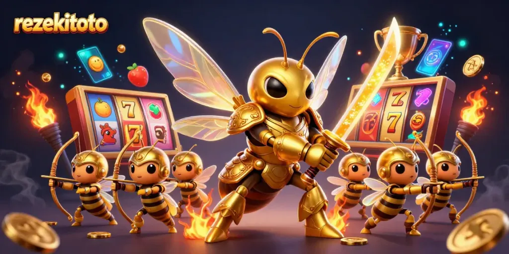 Experience rezekitoto with a vibrant 3D casino scene featuring a golden hornet in samurai armor and lively slot elements.