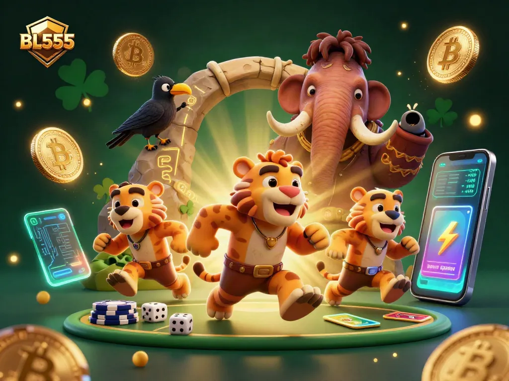 Experience thrilling casino action with BL555 featuring a dynamic 3D scene of prehistoric characters and crypto elements.