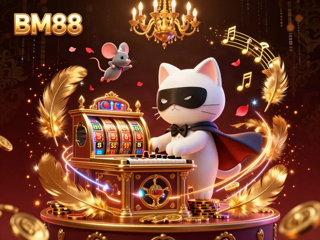 Engage with BM88 for a thrilling casino experience featuring lively characters and slot reels.