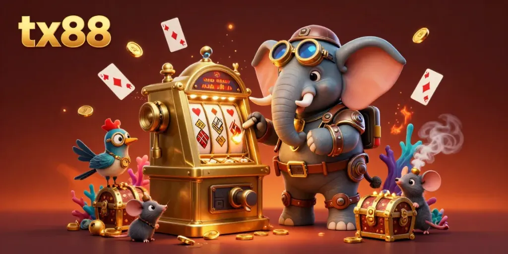 Engage in thrilling gameplay at tx88 with a dynamic steampunk-themed casino world featuring vibrant slot machines.
