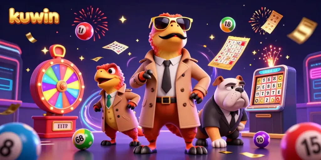 Kuwin-themed 3D cartoon scene of three raptors in a trench coat trying to enter a VIP casino lounge.