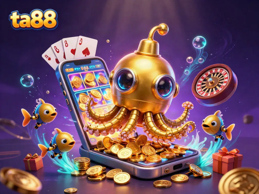 Play ta88 with a vibrant 3D scene featuring a golden kraken, slot games, and rich casino elements.