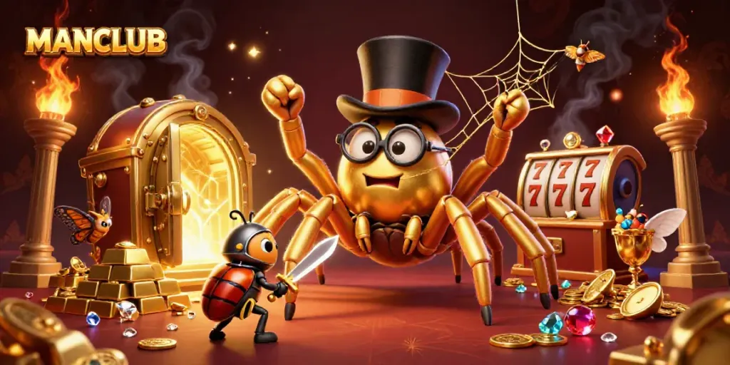 Experience the thrill of MANCLUB with a dynamic illustration of a golden tarantula and treasure.