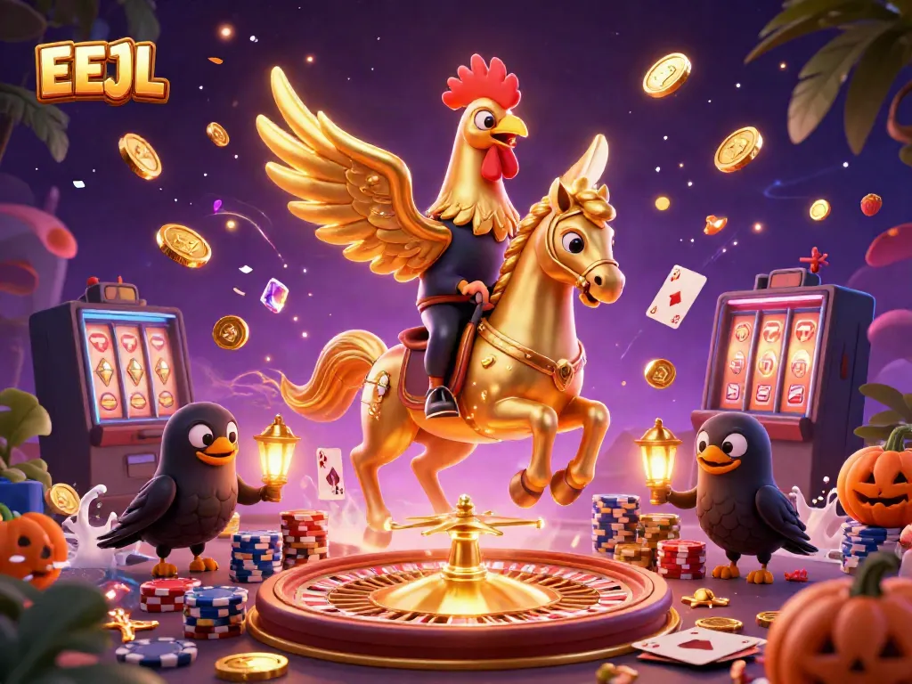 EEJL showcases a vibrant casino scene with golden rooster and crow companions engaging with dazzling games.