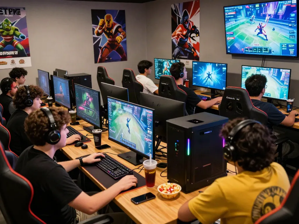 Engaging gaming scene at warung168 digital café with friends enjoying multiplayer games.