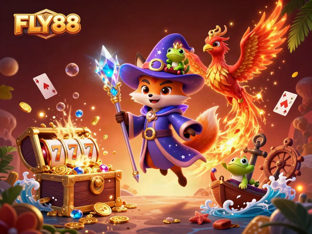 Engage in thrilling casino action with FLY88 featuring vibrant characters and dynamic slot visuals.