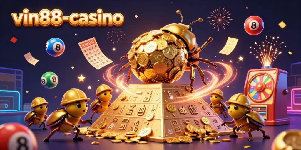 Experience the excitement of vin88-casino with a 3D illustration of a golden beetle representing jackpot wins.