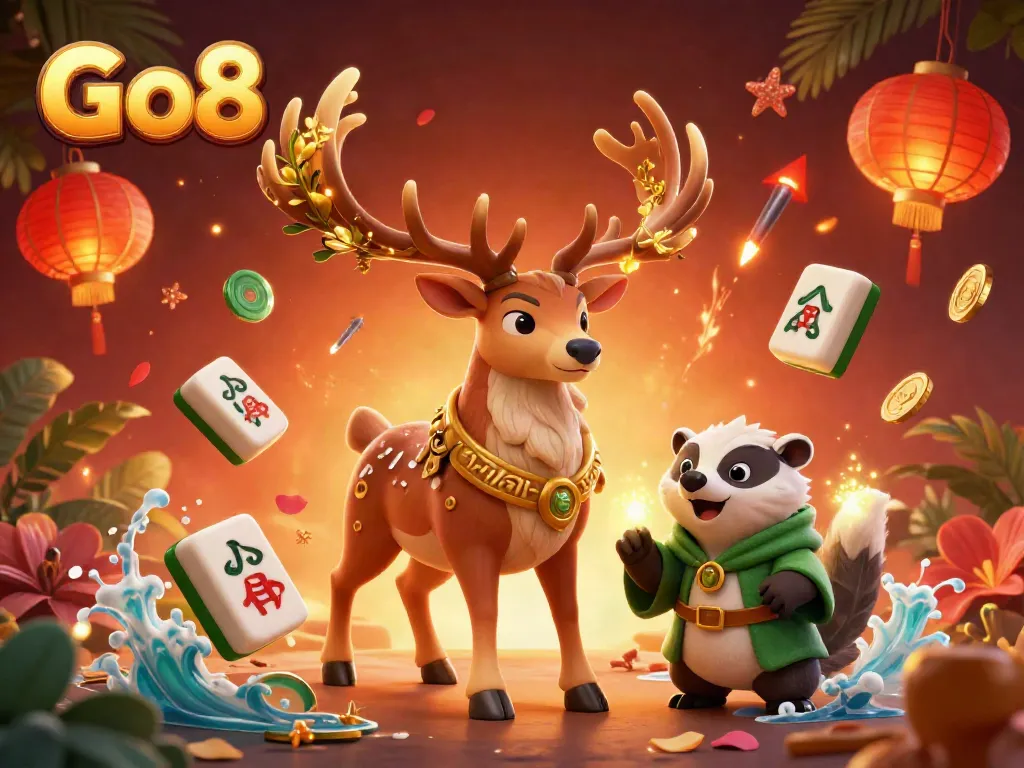Experience the excitement at Go8 with our vibrant casino scene featuring a Celtic druid stag and 3D game elements.