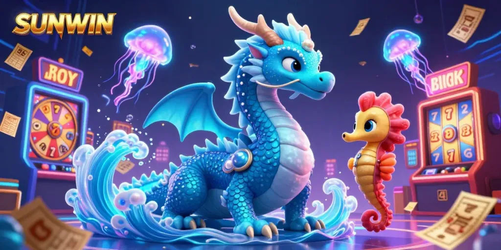 Experience thrilling gaming action with SUNWIN in a vibrant 3D casino scene filled with dynamic slot reels and lucky characters.