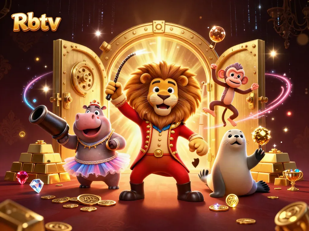 Rbtv menyajikan pertunjukan kasino yang menarik, dikelilingi peti harta karun dan koin emas.