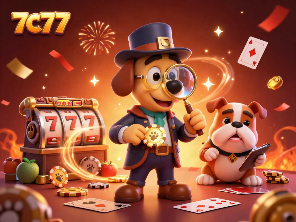 Engage with 7C77 as a cartoon detective investigates a golden poker chip surrounded by dynamic casino elements.