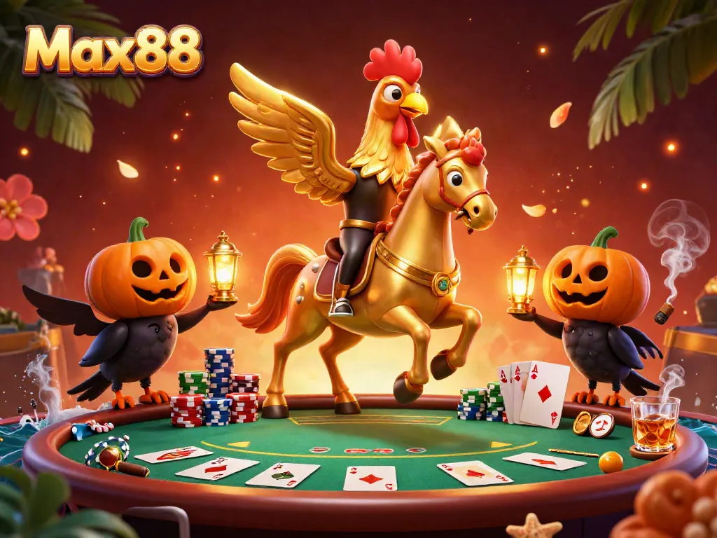 Experience Max88 with a golden rooster riding a spectral horse in a vibrant casino scene.