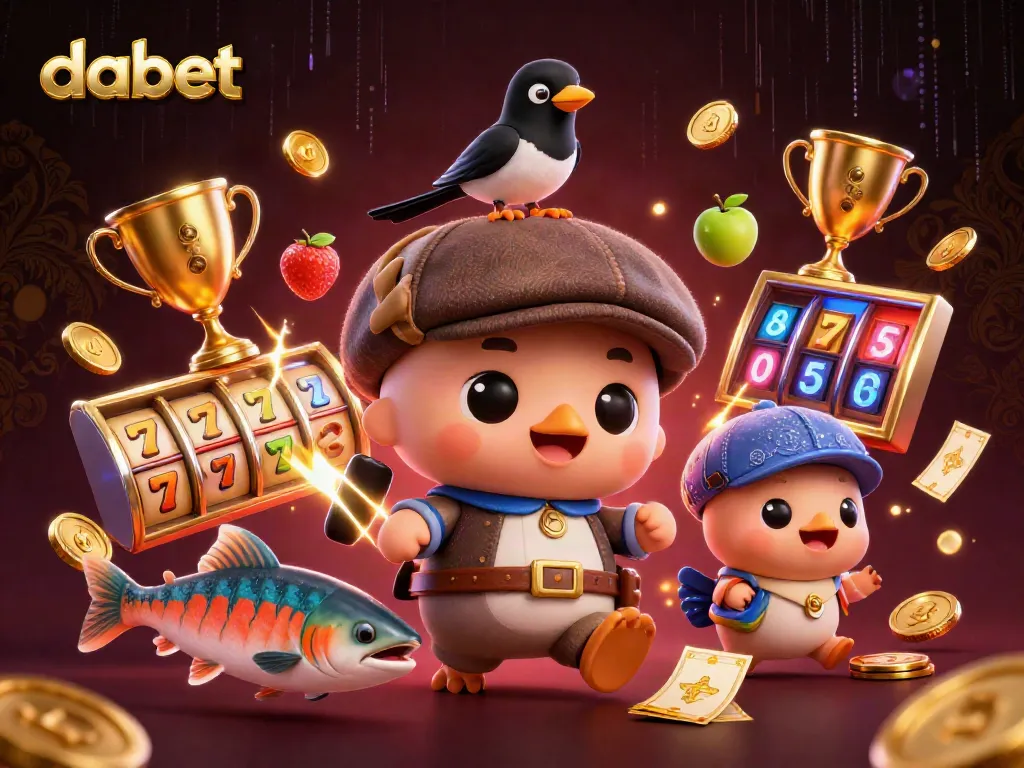 Dabet players enjoy spinning slot reels in a vibrant casino atmosphere, featuring a whimsical Loch Ness monster.