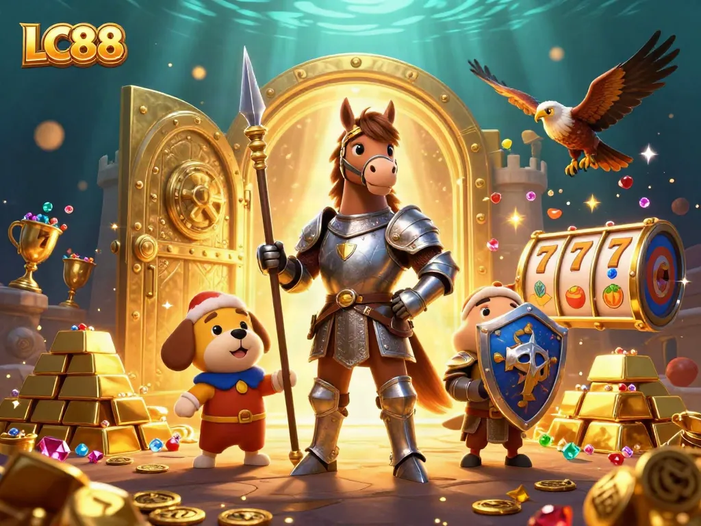 Engage with the thrill of LC88 as a medieval knight and companions unveil treasures in an exciting casino adventure.