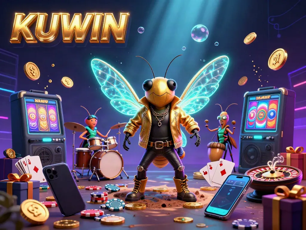 Experience the excitement of KUWIN with a vibrant 3D illustration of a rock star cicada, live casino elements, and a dynamic atmosphere.