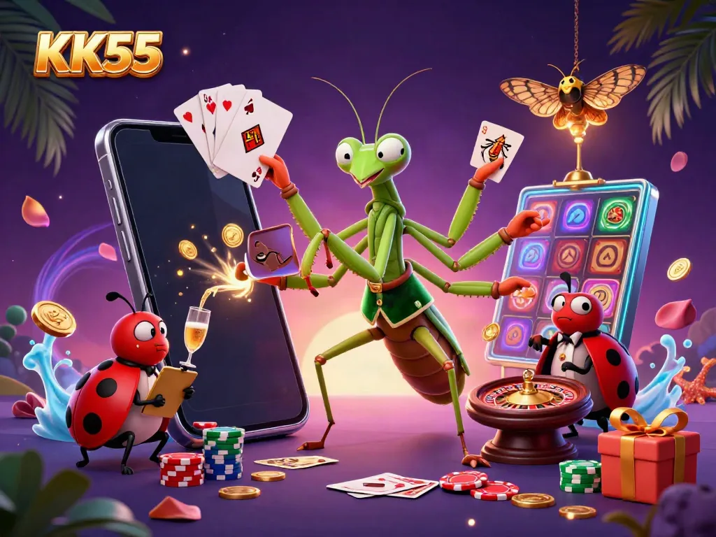 Experience exciting gaming action with KK55 as a giant praying mantis card sharp deals cards in a lively casino scene.