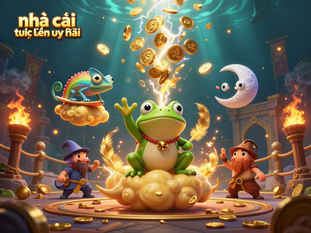 Engage with the world of nhà cái trực tuyến uy tín as a wizard frog conjures gold coins amidst vibrant characters.
