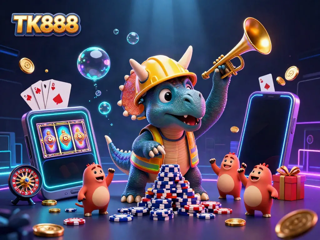Engage in thrilling slots with TK888, featuring jubilant dinosaurs and casino elements.