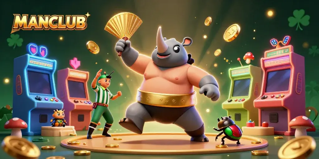 Engage in thrilling MANCLUB action with a champion beetle amidst a vibrant casino backdrop, winning coins flying.